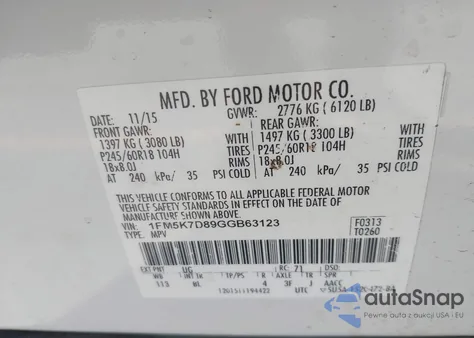 2016 Ford Explorer Xlt z USA, uszkodzony, nr VIN 1FM5K7D89GGB63123